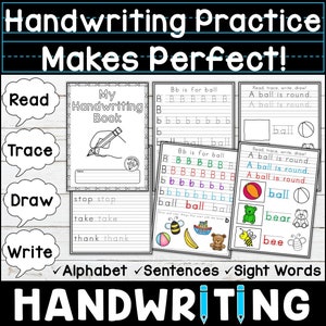 Handwriting Read Trace Draw Write Practice Pages, Alphabet and Sentence Practice, Print Practice for Kids, Handwriting Workbook for Kids