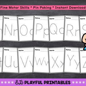 May include: Printable alphabet tracing worksheets for kids. Each letter is dotted for pin poking practice. The worksheets are black and white and have a space for a name at the top.