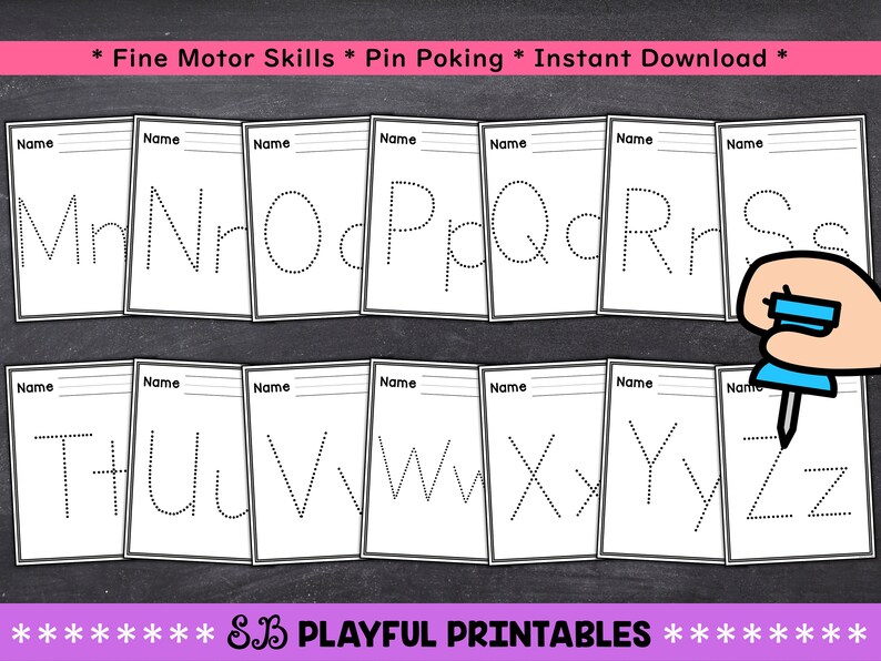 May include: Printable alphabet tracing worksheets for kids. Each letter is dotted for pin poking practice. The worksheets are black and white and have a space for a name at the top.