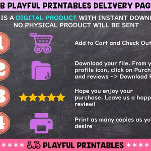 May include: A black chalkboard with white text outlining the steps to download a digital product. The steps are numbered 1 through 4 with icons next to each step. The icons are a shopping cart, a folder with a download arrow, five gold stars, and a printer. The text at the bottom of the chalkboard says "SB PLAYFUL PRINTABLES".