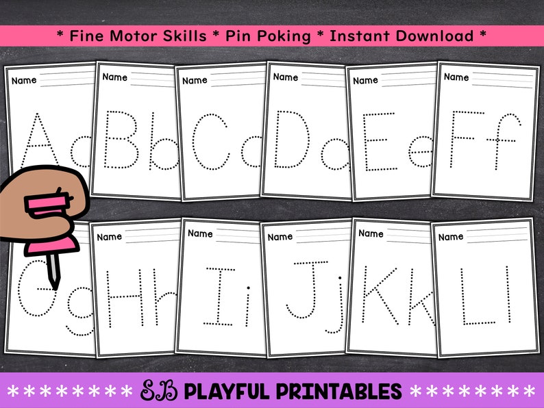 May include: Printable alphabet tracing worksheets for kids. Each letter is outlined with dotted lines for tracing practice. The worksheets are labeled with the word "Name" at the top.