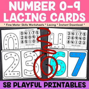 Carte per allacciare i numeri per bambini in età prescolare, attività educative per allacciare i numeri, abilità motorie con le carte per allacciare i numeri, allacciatura dei numeri fai da te