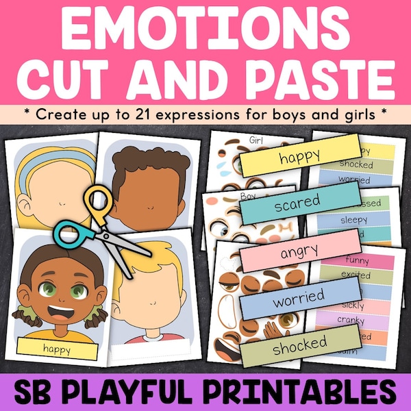 Emotions Cut and Paste Activity for Kids, Emotions Posters, PreK and Home School Learning, Emotions Matching Game, Feelings Printables