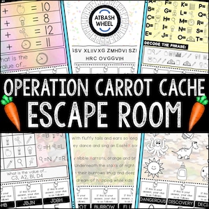 May include: A colorful printable escape room game for kids with a carrot theme. The game includes a code-breaking activity, a word puzzle, and a maze. The text on the game says "Operation Carrot Cache Escape Room".