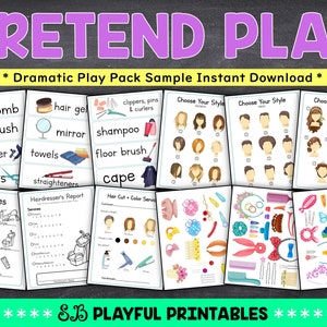 May include: A printable pack for pretend play, featuring a salon theme. The pack includes images of hair styling tools, hair styles, and a price list. The text "PRETEND PLAY" is at the top of the page. The text "Dramatic Play Pack Sample Instant Download" is below the title. The text "SB PLAYFUL PRINTABLES" is at the bottom of the page.