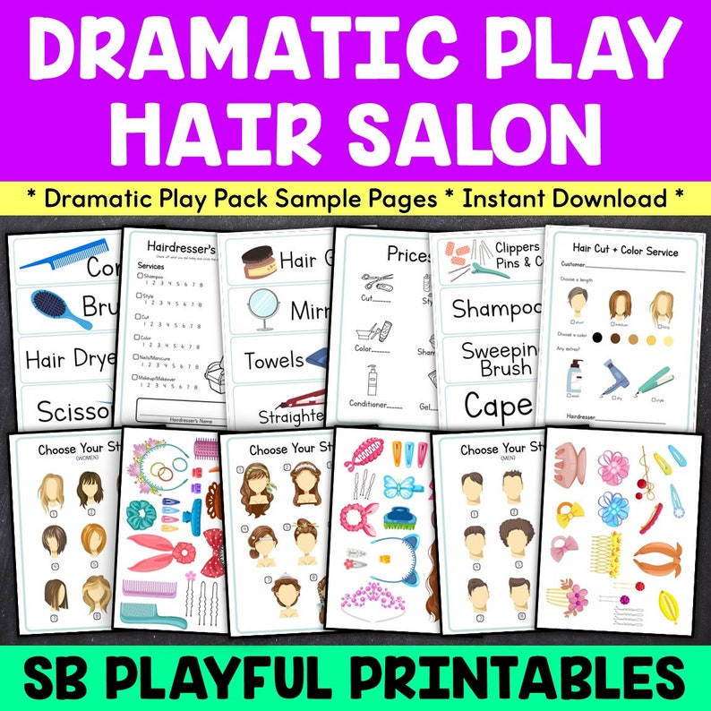 Image of Hair Salon pretend play posters, props and labels for kids.