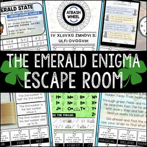 May include: A printable escape room game featuring a green shamrock and the text "The Emerald Enigma Escape Room". The game includes a driving licence, a code-breaking wheel, a message from Grandma, and a series of puzzles to solve.