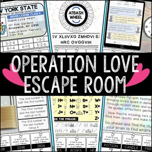 May include: A printable escape room game with the title "Operation Love Escape Room". The game features a series of puzzles and riddles that players must solve to escape the room. The game is designed for kids and adults and is a fun way to spend time with friends and family.