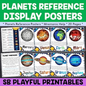 May include: Colorful printable posters featuring illustrations of the planets in our solar system. Each poster includes the name of the planet and a mnemonic phrase to help remember the order of the planets. The posters are designed for use in classrooms or homeschooling.