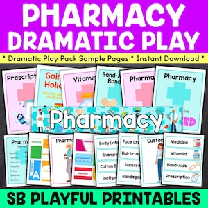 May include: A printable set of colorful cards for a pharmacy dramatic play activity. The cards feature images of pharmacy items, such as medicine bottles, bandages, and vitamins, along with text labels. The cards are designed to help children learn about the role of a pharmacist and the different products found in a pharmacy.