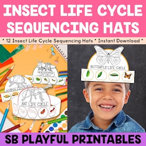 Pode incluir: Um conjunto de 12 chapéus de sequenciamento do ciclo de vida de insetos imprimíveis. Os chapéus apresentam uma variedade de insetos, incluindo uma joaninha, um gafanhoto, uma formiga e uma borboleta. Cada chapéu tem uma série de círculos que podem ser usados para sequenciar as etapas do ciclo de vida do inseto. Os chapéus são uma forma divertida e educativa de ensinar as crianças sobre a metamorfose dos insetos.