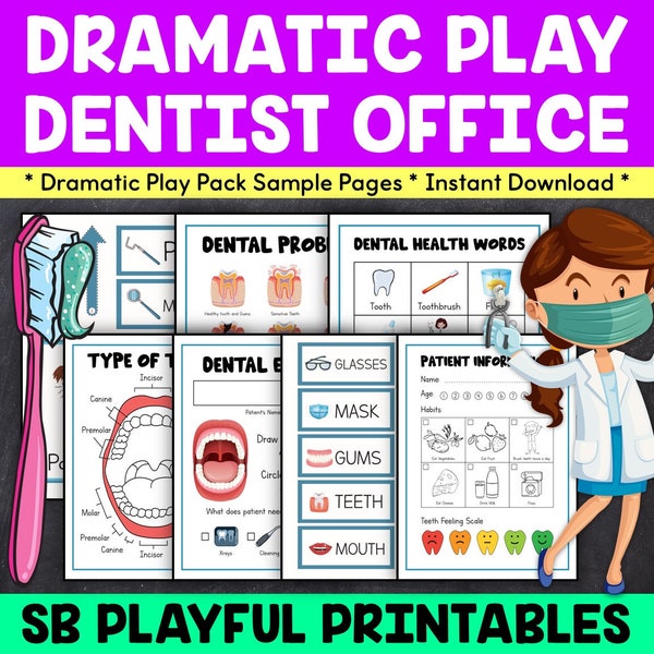 Dentist Pretend Play Set, Dental Clinic Play Printables, Home School Activity, Dental Clinic Dramatic Play, Hands On Learning