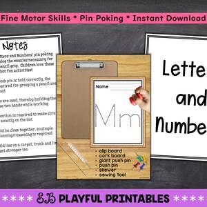 May include: Printable worksheet for practicing fine motor skills with a dotted letter 'M' and the words 'Letters and Numbers'. The worksheet is designed for pin poking activities and includes a list of suggested tools, such as a clip board, cork board, giant push pin, push pin, skewer, and sewing tool.