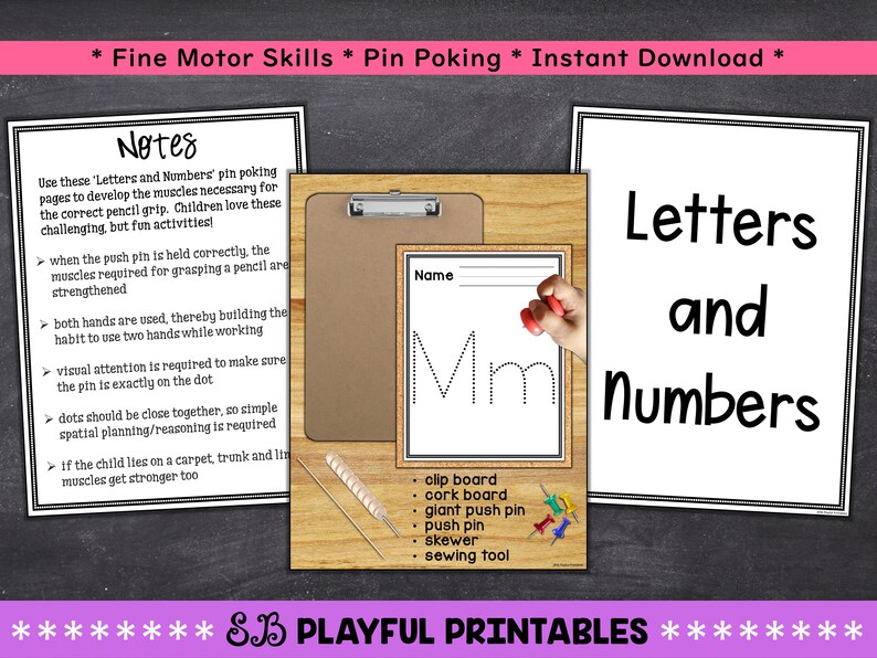 May include: Printable worksheet for practicing fine motor skills with a dotted letter 'M' and the words 'Letters and Numbers'. The worksheet is designed for pin poking activities and includes a list of suggested tools, such as a clip board, cork board, giant push pin, push pin, skewer, and sewing tool.