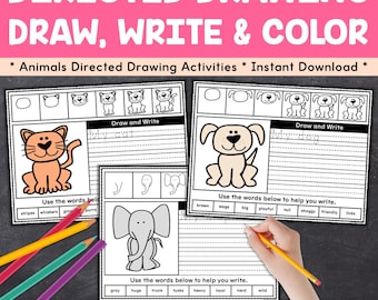 Animals Directed Drawing and Writing Activity for Kids, Home School Learning, Kids Art and Writing Activity, Kids Art Printable Activities
