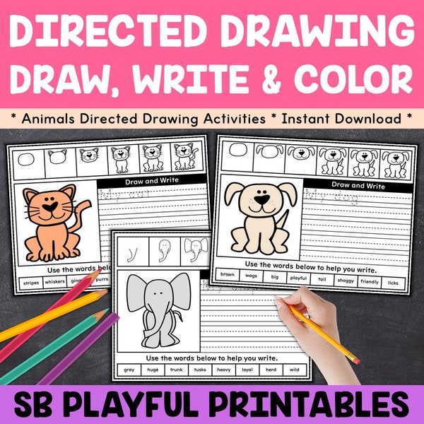 Animals Directed Drawing and Writing Activity for Kids, Home School Learning, Kids Art and Writing Activity, Kids Art Printable Activities