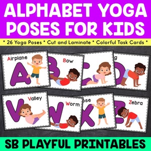 Puede incluir: Un conjunto de 26 tarjetas de yoga del alfabeto para niños. Cada tarjeta presenta una letra colorida, una postura de yoga y el nombre de la postura. Las tarjetas están diseñadas para ayudar a los niños a aprender sus letras y practicar yoga.