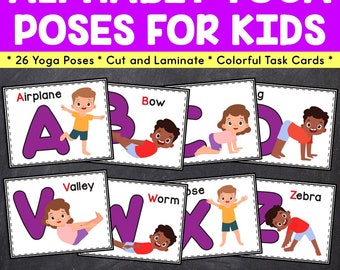 Alphabet Yoga Poses Printables For Kids, Yoga Posters for Kids, Kids Yoga Phonics Flashcards, Kids Fitness Activity, Calm Down Activity