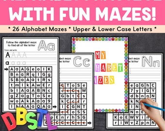 Alphabet Mazes for Kids, Letter Identification Activities, Upper Case and Lower Case Letters Alphabet Printables for Kindergarten