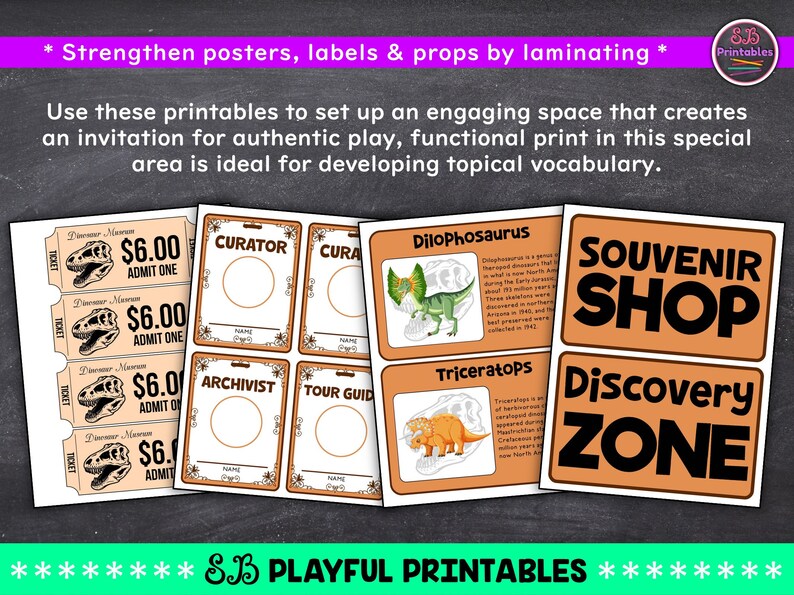 May include: Printable dinosaur-themed playset with tickets, name tags, and information cards for a dinosaur museum. The set includes a souvenir shop and discovery zone signs.
