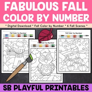 May include: Six printable autumn-themed colour by number activity sheets. Each sheet features a different autumn scene, including a scarecrow, an owl, and a wheelbarrow full of pumpkins. The sheets are black and white with numbered areas to be coloured in.