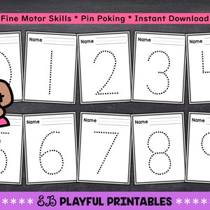 May include: Printable worksheets featuring dotted outlines of the numbers 0 through 9. The worksheets are designed for fine motor skills practice and pin poking activities. The text "Fine Motor Skills * Pin Poking * Instant Download *" is at the top of the image. The text "SB PLAYFUL PRINTABLES" is at the bottom of the image.