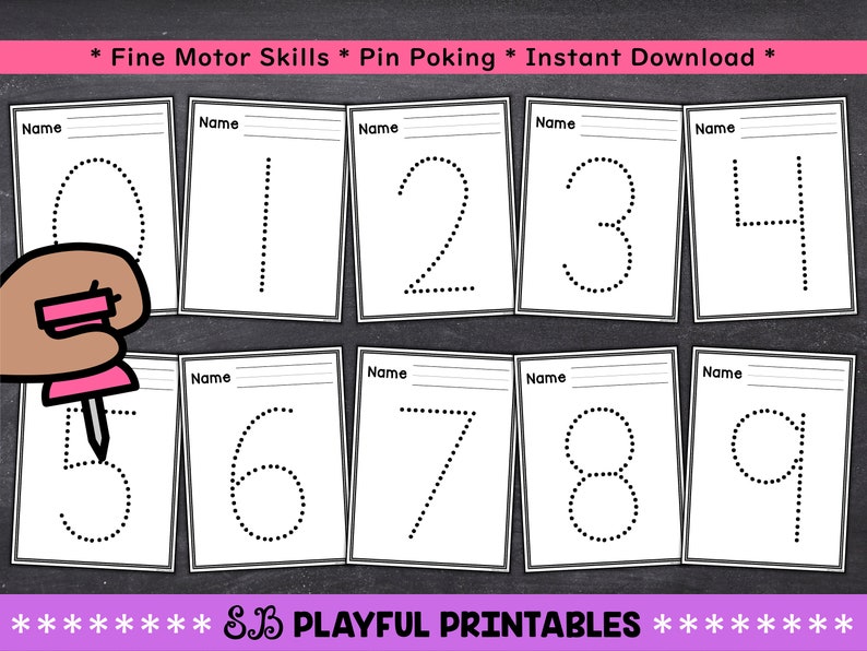 May include: Printable worksheets featuring dotted outlines of the numbers 0 through 9. The worksheets are designed for fine motor skills practice and pin poking activities. The text "Fine Motor Skills * Pin Poking * Instant Download *" is at the top of the image. The text "SB PLAYFUL PRINTABLES" is at the bottom of the image.