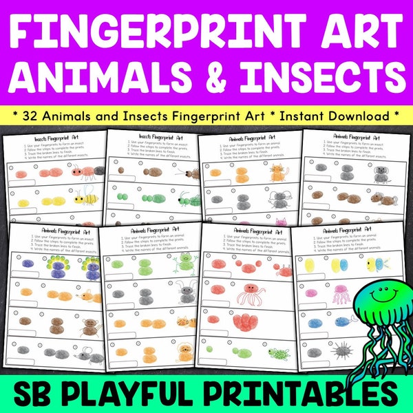 Animals and Insects Fingerprint Art for Kids, Printable Art Activity, DIY Printable Keepsake Art, Party Printable Activity for Kids