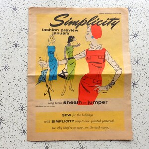 May include: A vintage Simplicity fashion preview from January, showcasing illustrations of dresses in blue, green, and red. The cover includes the text "long torso sheath or jumper" and "SEW for the holidays".