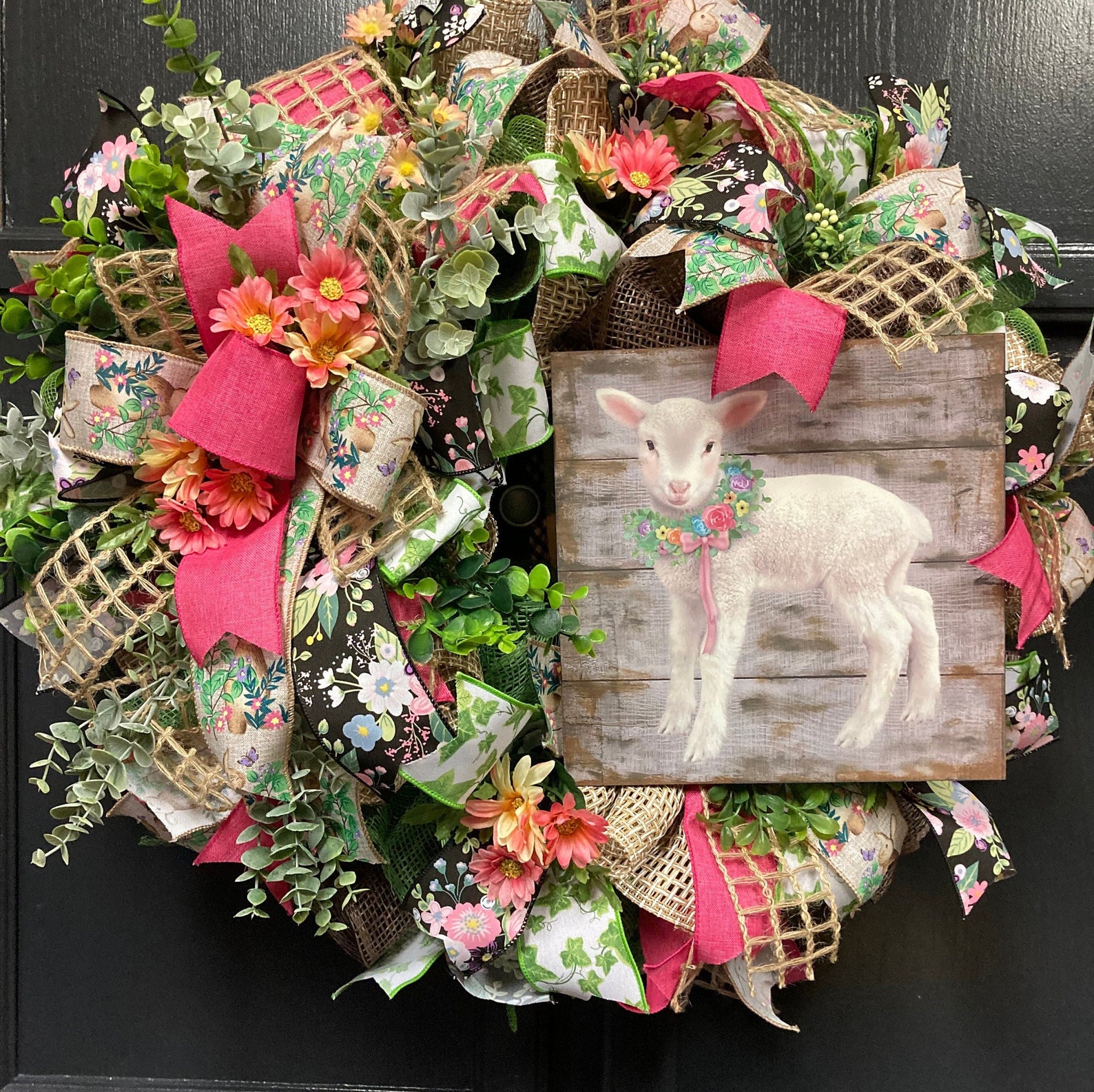 Lamb Deco Mesh Wreaths with Flowers, Greenery and Twig Berries Lamb Deco Mesh Wreaths with Flowers, Greenery and Twig Berries