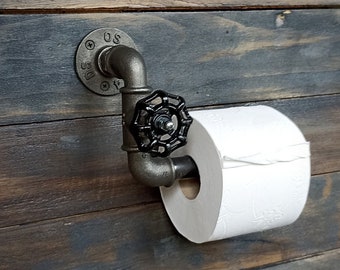 Industrial toilet paper dispenser. Toilet roll holder, Steampunk interior decoration Wc Bathroom, Black valve plumbing connection