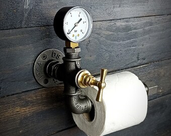 Industrial toilet paper dispenser. Original toilet roll holder, vintage interior decoration, Plumbing, brass faucet, pressure gauge