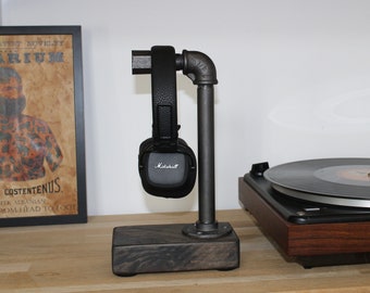 Marshall, JBL headphone stand, in wood and steel. Hi-fi headphone support, Gaming, Music, Industrial style interior decoration