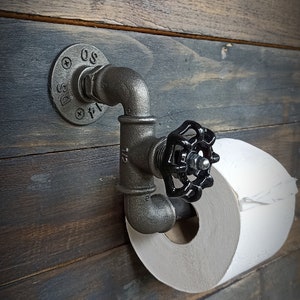 Dérouleur papier toilette industriel. Porte rouleaux WC, Décoration d'intérieur steampunk Wc Salle de bain, Raccord de plomberie vanne noire image 5