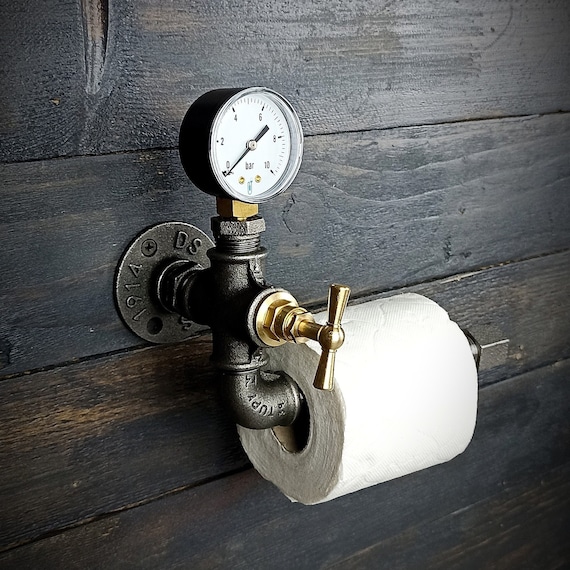 Dérouleur papier toilette industriel. Porte-rouleau WC original, Décoration d'intérieur, Plomberie, robinet laiton, manomètre