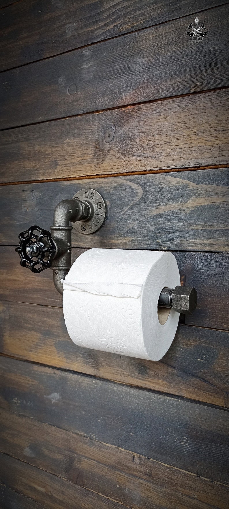 Dérouleur papier toilette industriel. Porte rouleaux WC, Décoration d'intérieur steampunk Wc Salle de bain, Raccord de plomberie vanne noire image 2