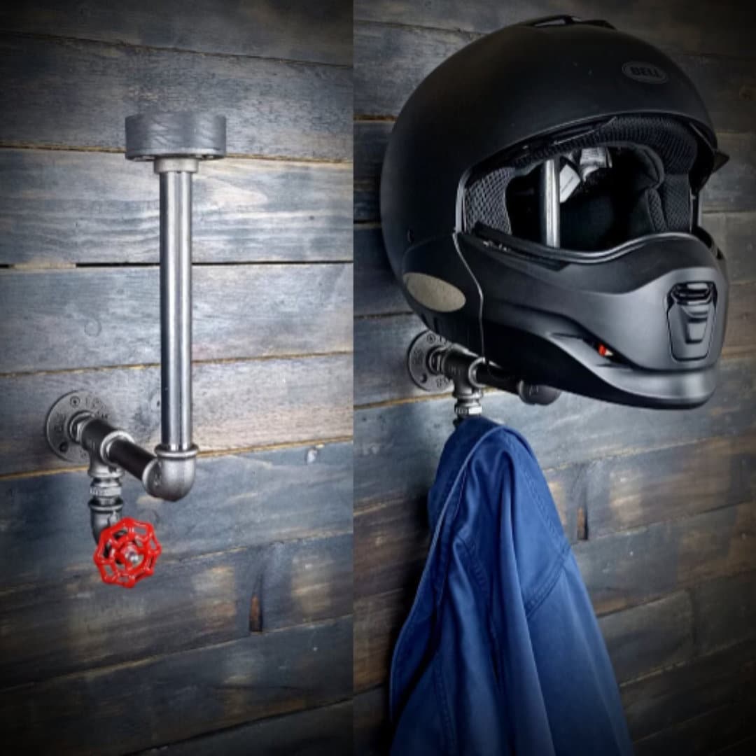 custom motorcycle helmet rack NANAGIFTREE Holder Wall Mount, Solid Wood and Metal Helmet with 4 Glove Clips, Motorcycle Accessories Gear Storage Organizer for Entryway or Garage, Brown : Automotive perfect for renters or anyone who cant drill into their walls Custom Metal Motorcycle Helmet Holder