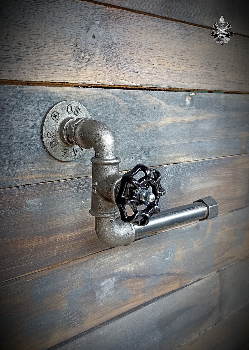 Dérouleur papier toilette industriel. Porte rouleaux WC, Décoration d'intérieur steampunk Wc Salle de bain, Raccord de plomberie vanne noire image 3