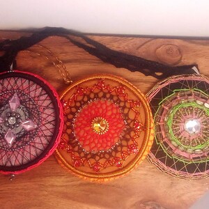 Handmade Boho Mandala Necklace – Woven Circle Pendant with Beads and Crystals – Unique Spiritual Jewelry