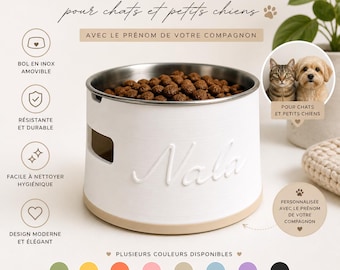 Comedero personalizado para perros o gatos pequeños | Cuenco de acero inoxidable y base impresa en 3D con nombre y color | Regalo personalizado para mascotas