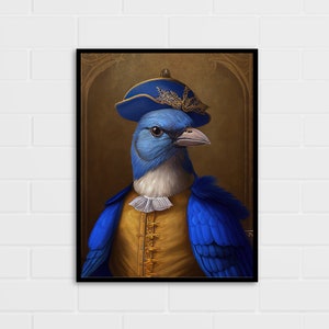 Retrato de pájaro azul / Impresión de pájaros / Pintura renacentista / Tamaños múltiples