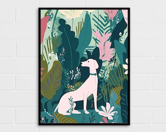 May include: A white dog with pink ears sits in a jungle of green and pink leaves. The dog is looking to the right of the image.