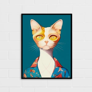Cat with Hawaiian Shirt Wall Art | Cat Lover Gift | Digital Print | Multiple Sizes