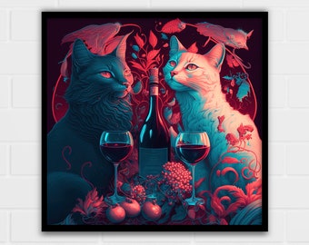 Cats and Wine Art Print | Whimsical Cat Lover Gift