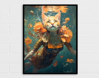 Cat Swimming Under Water Wall Art | Botanical Cat Art Print | Multiple Sizes