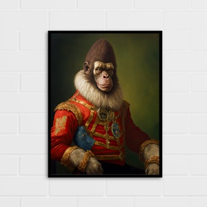 May include: A portrait of a chimpanzee dressed in a red and gold military uniform with a white fur collar. The chimpanzee is sitting with its arms crossed and looking directly at the viewer.