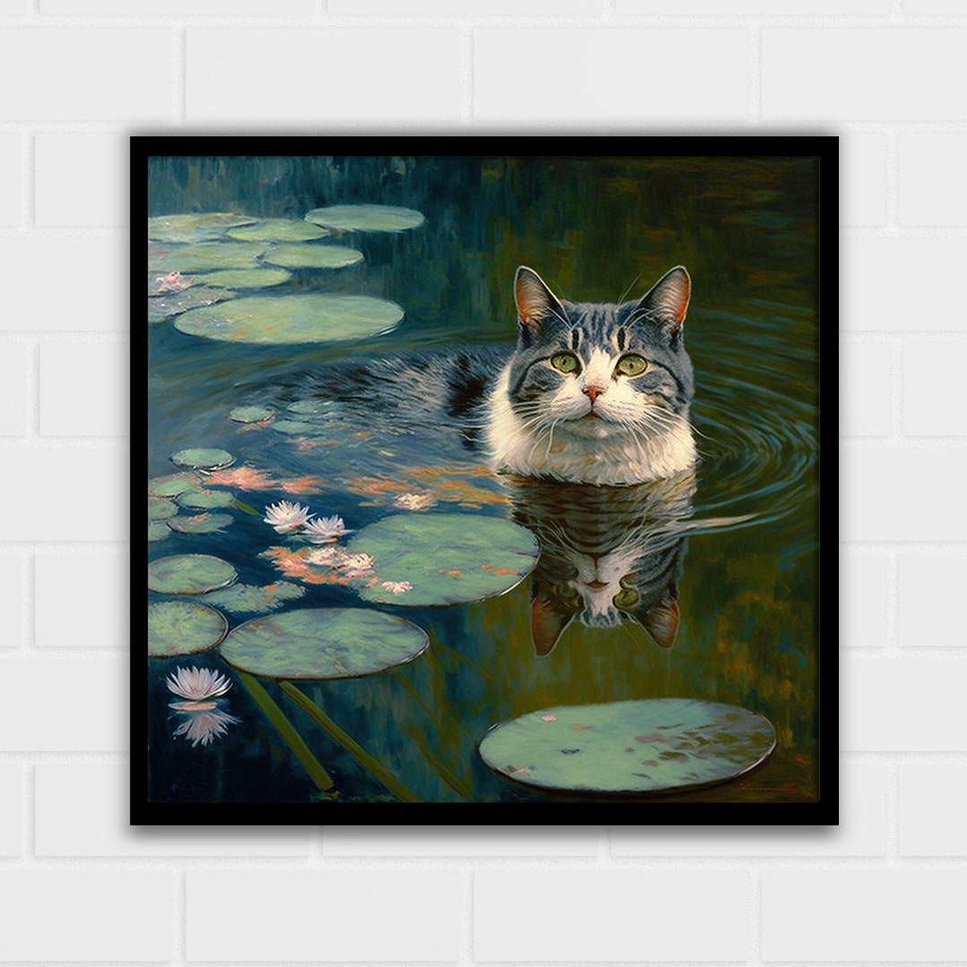 Cat in the Water Lilies | Monet Style Wall Art | Cat Lover Gift ...