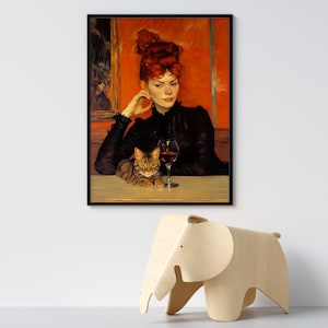 Lady with Cat and Wine Art Print | Post Impressionism Art | Toulouse Lautrec Style | Multiple Sizes image 5