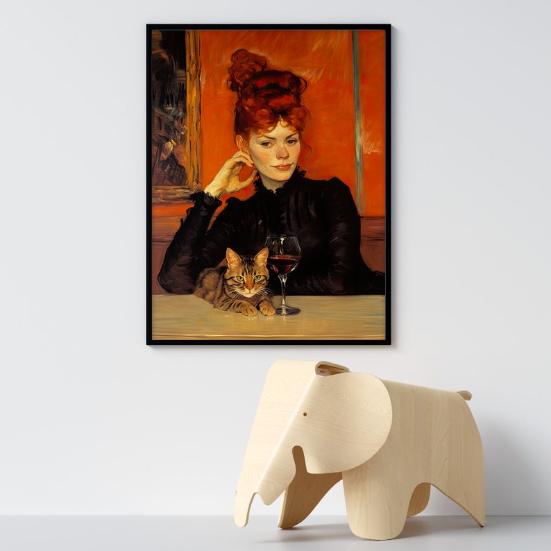 Lady with Cat and Wine Art Print | Post Impressionism Art | Toulouse Lautrec Style | Multiple Sizes image 5