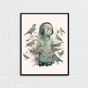 Little Girl and Birds Art Print / Bird Art / Múltiples tamaños